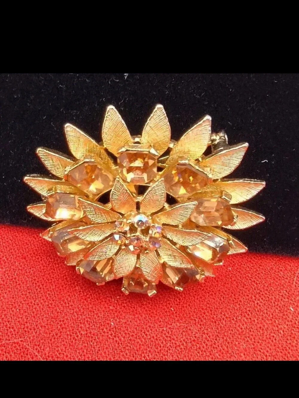 Vintage Collector's Mid-Century Lisner 3 Tier Gold & Amber Topaz& AB Crystal Bro - Picture 3 of 5
